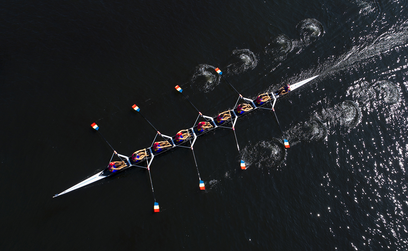An aerial view taken by drone shows the Romanian rowing team warming up for the Men