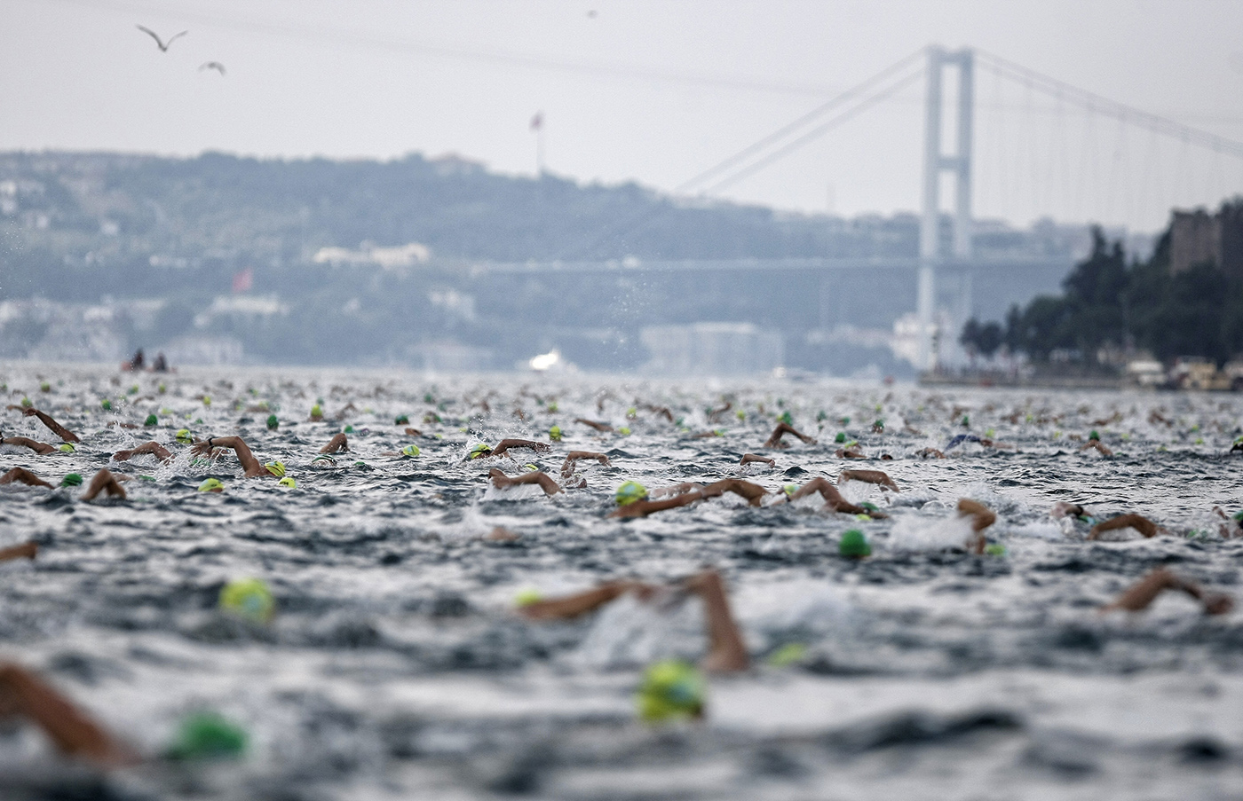 Swimmers participate in the annual Bosphorus Cross-Continental swimming race in Istanbul, Turkey, 23 July 2015. 
