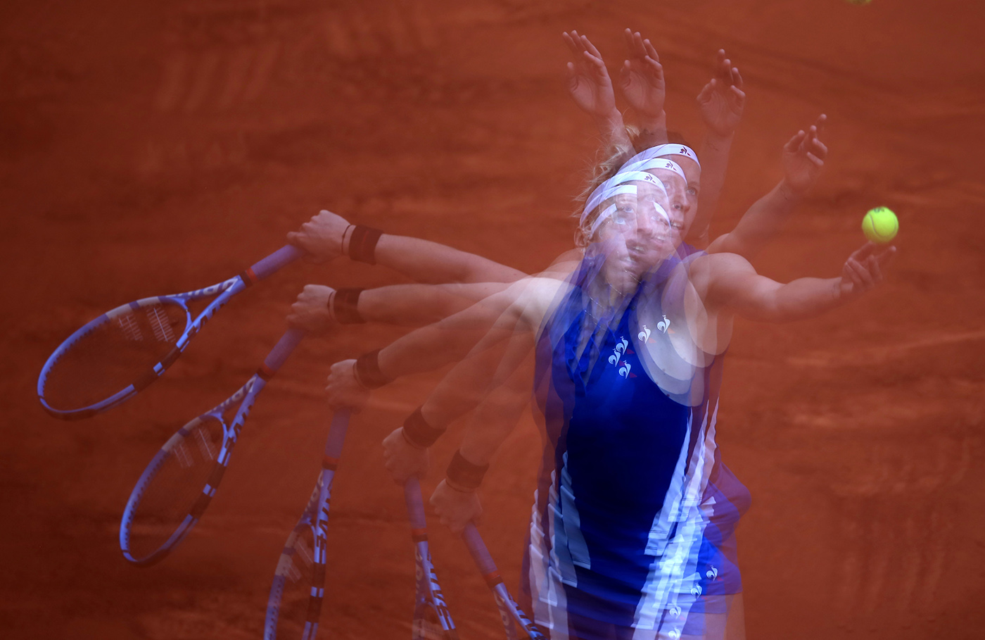 A multiple exposure image of Pauline Parmentier of France in action during her semi final match against Irina Begu of Romania at the TEB BNP Paribas Istanbul Cup tennis tournament in Istanbul, Turkey, 28 April 2018.