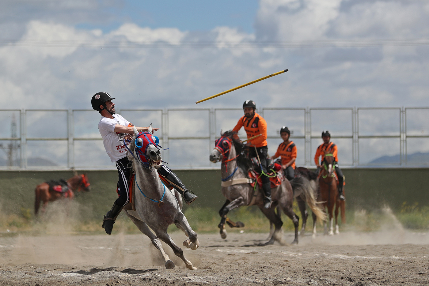 Players throws javalen during the Turkish Javelin Throw League game between Uzmanlar Sports Club and Ilica Sports Club in Erzurum, Turkey, 30 June 2019. Mounted javelin throwing, which is known as the war game of the Turks that has been played since their time in Cental Asia and mentioned as a traditional equestrian sport, has become a main tourist attraction in Erzurum, where the game is played throughout the year.