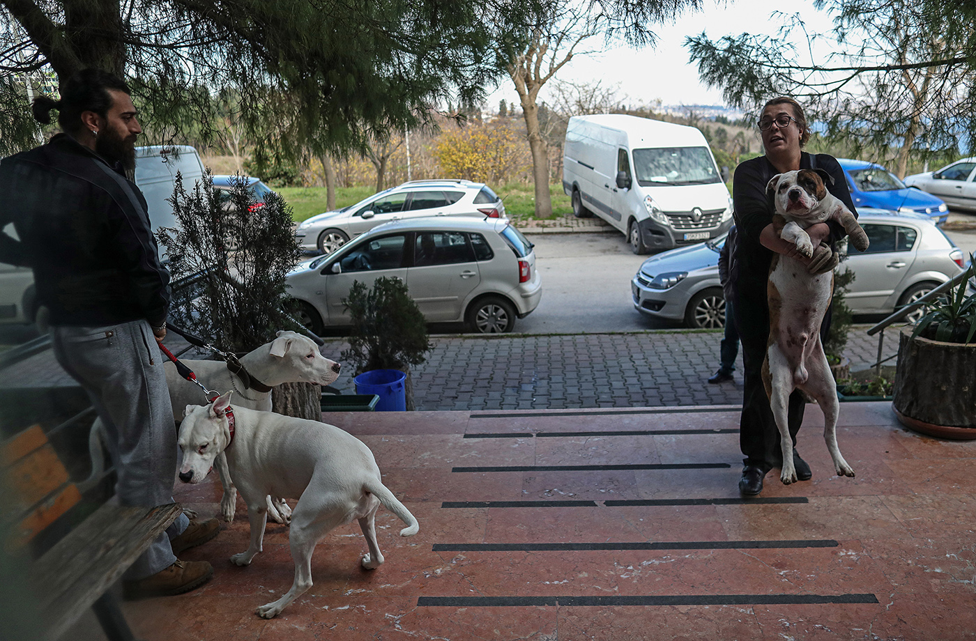 A woman carries a patient dog to emergency in the Istanbul University Cerrahpasa Faculty of Veterinary Science Hospital in Istanbul, Turkey, 13 December 2018.