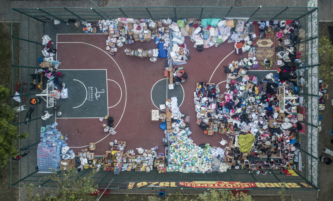 An aerial view taken with a drone shows, food and clothing aids of Goztepe Football Club fans for Earthquake victims at a park after a 7.0-magnitude earthquake, at Bayrakli district in Izmir, Turkey, 03 November 2020. According to latest reports, at least 95 people died and more than 900 were injured in the earthquake that hit the Aegean Sea on 30 October 2020.