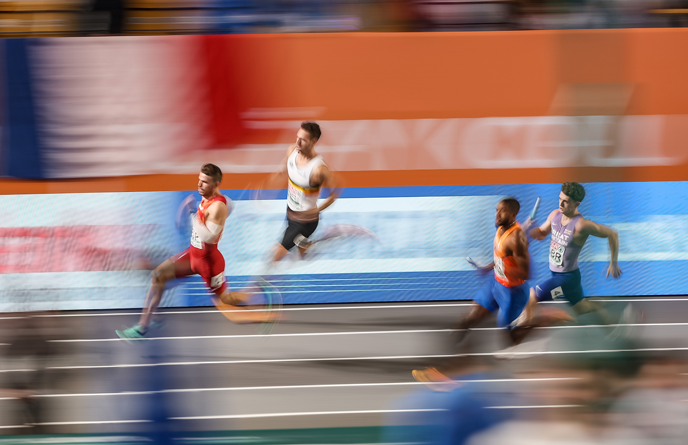 Athletes in action during the 4 x 400m Relay Men Final at the European Athletics Indoor Championships in Istanbul, Turkey, 05 March 2023.